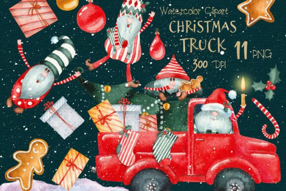 Watercolor Red Truck Clipart PNG Gnomes: A Versatile Design Element for Festive Projects